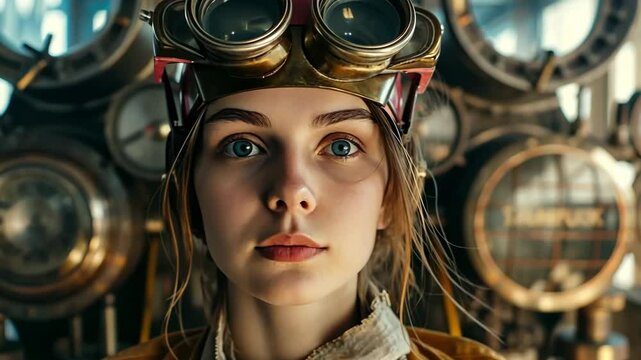 A sweet, fragile young girl with large steampunk glasses pushed up onto her forehead looks ahead intently, against the blurred background of an industrial facility.