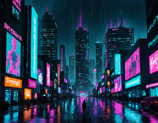 Neon cityscapes with cyberpunk themes. The city has bright displays with pink and turquoise colors, and a figure stands in the street in the rain.