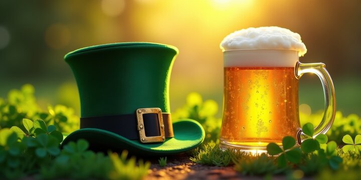 Celebrate St. Patrick's Day with a festive scene featuring a green leprechaun hat and a frothy beer, perfect for holiday promotions, social media, or event marketing.