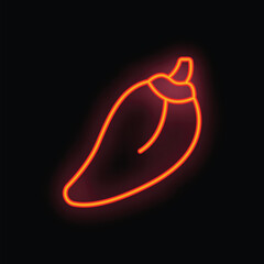 Neon sign illuminating a red hot chili pepper with orange outline against a black background