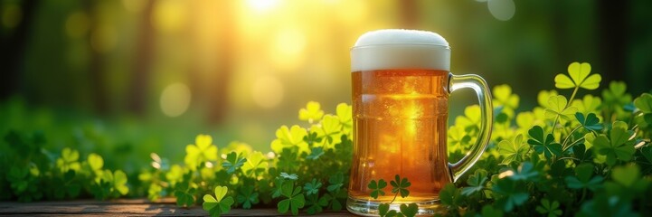 Celebrate St. Patrick's Day with a refreshing glass of beer, surrounded by lush clovers and radiant sunlight. Perfect for festive promotions or themed events.