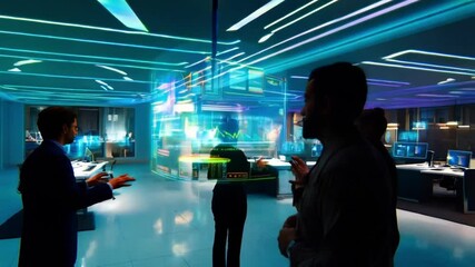 Modern neon cyberpunk open space office interior blurred with information technology overlay, Corporate strategy for finance, operations, marketing, Technology - Powered by Adobe