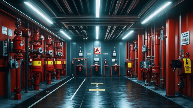 Industrial fire suppression system room, facility, safety