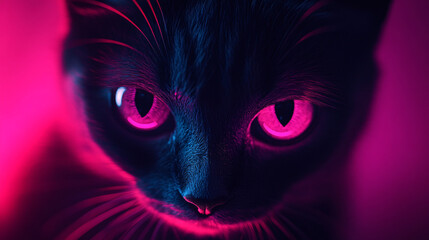 Close-up of a neon cat's eyes shining brightly in the darkness. 