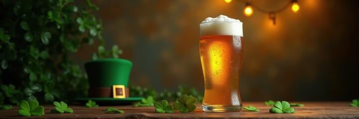 Celebrate St. Patrick's Day with a refreshing beer and festive decorations. Perfect for promotions, events, or advertisements related to this lively holiday.