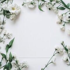 White floral arrangement surrounding blank space for text or design in a minimalistic style. Generative AI
