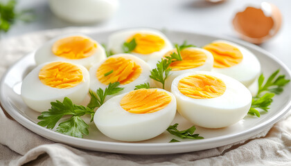 Boiled eggs on plate . Selective focus