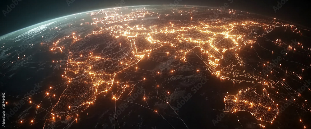 Poster a satellite view of the earth illuminated by city lights, showcasing the connectivity of human activ