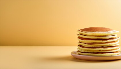 stack of plain pancakes on side of light yellow cream colored background with empty space for text