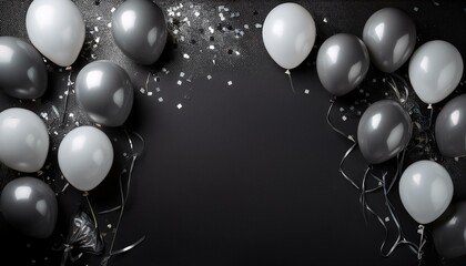 grey balloons and confetti on black background space for text celebration concept