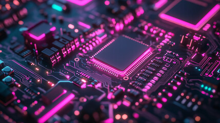 Close-up of a neon circuit board with intricate details on a dark surface. 