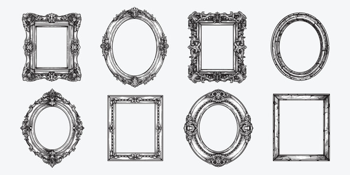 Hand drawn picture frames set. Sketch style highly detailed oval and rectangular wooden frames. Vintage retro wall decoration. Vector illustrations isolated on white background.