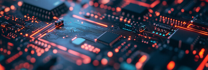 Fototapeta premium Close-up of a neon circuit board with intricate details on a dark surface. 