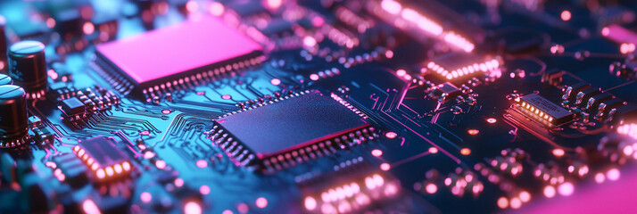 Obraz premium Close-up of a neon circuit board with intricate details on a dark surface. 