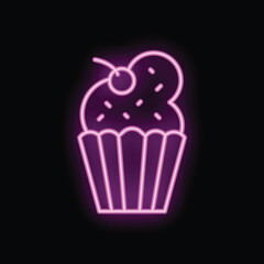 Glowing neon sign in the shape of a delicious cupcake with a cherry on top, perfect for any bakery or dessert shop