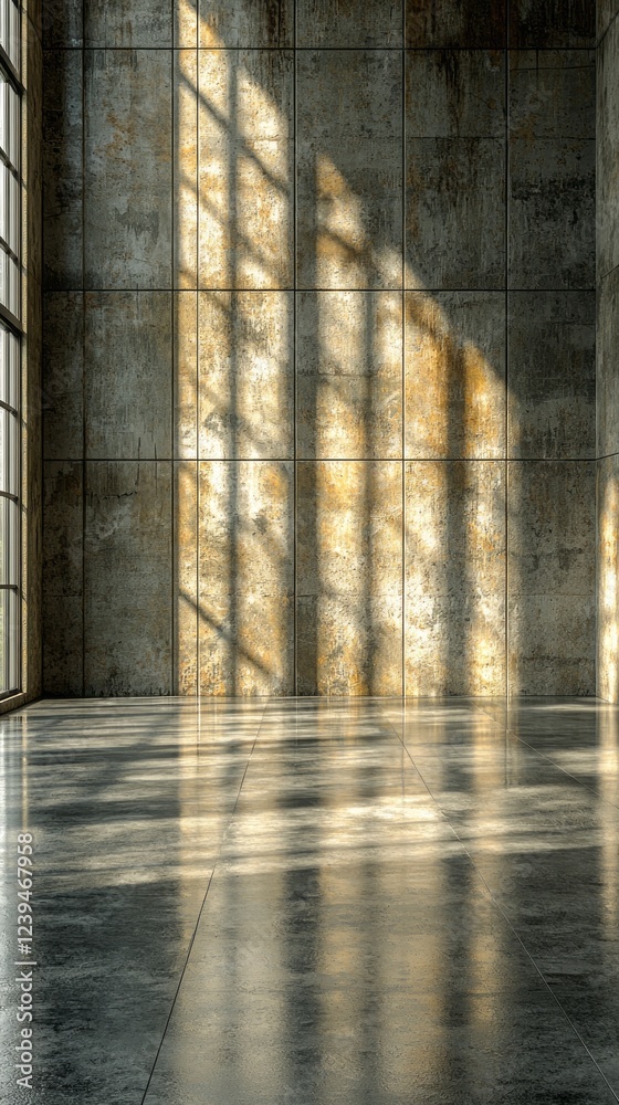Poster warm sunlight streams through large windows, casting intricate shadows on the textured concrete wall