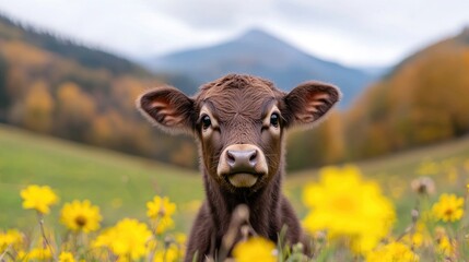 Calf in autumn meadow, mountain backdrop, farm animal