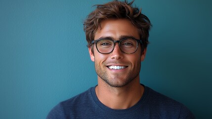 Smiling Man with Stylish Glasses: A Portrait in Teal