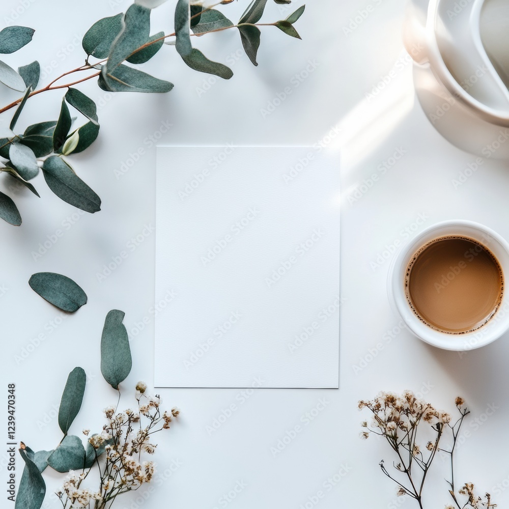Poster Elegant workspace featuring a cup of coffee and fresh greenery on a bright table in a cozy setting. Generative AI