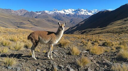A beautiful vicu&ntilde;a gazes calmly in the Andes mountains, with golden grasses swaying gently in the breeze. Snow-capped peaks rise majestically in the background under bright sunlight