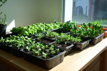 Sunlight streams through a window, illuminating neatly arranged trays of various vegetable seedlings. Each tray holds healthy plants ready for growth in a home garden setting
