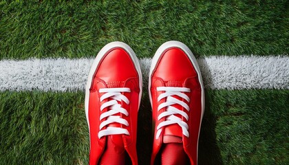 bright red sneakers on grass with white line showcasing playful design