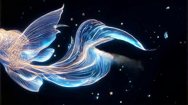 Glowing Cybernetic Goldfish with Ethereal Light Trails