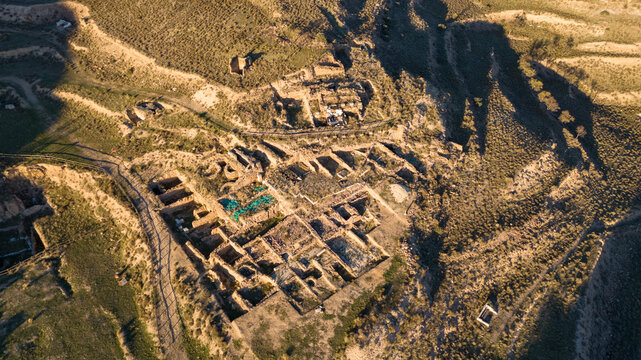 Aerial View of Ancient Ruins of Augusta Bilbilis in northern Spain in Desert Landscape