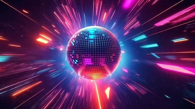 Electronic music party disco ball with vibrant flashing neon light. Music party background video.
