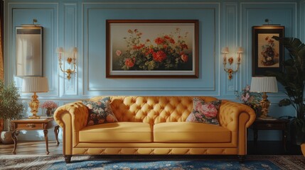 Yellow sofa, floral art, sunlit room, interior design