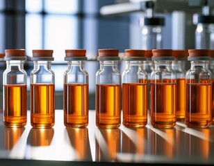 multiple glass vials filled with orange liquid are arranged systematically on a laboratory table representing order and scientific investigation