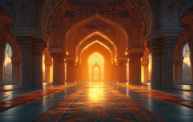 Sunlit Palace Interior with Intricate Arches and a Warm Glowing Doorway


