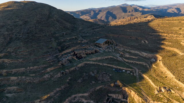 Aerial View of Ancient Ruins of Augusta Bilbilis in northern Spain in Desert Landscape