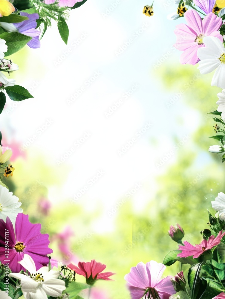 Poster Bright floral border featuring various flowers in full bloom with a soft, blurred background during daylight hours. Generative AI