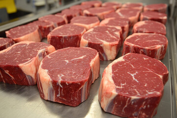 Fototapeta premium Freshly cut ribeye steaks arranged on a metal surface