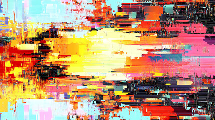 Glitch digital noise background with vibrant colors and chaotic patterns creating static distortion. Distortion and Abstraction. Illustration