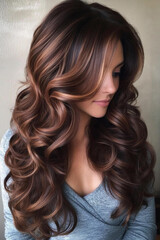 Naklejka premium Elegant long hair with soft curls styled indoors