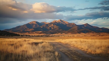 Fototapeta premium Golden hour sunset over mountain range and grassy field with dirt road.