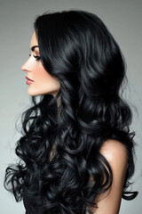 Naklejka premium Woman with long black wavy hair poses elegantly in profile
