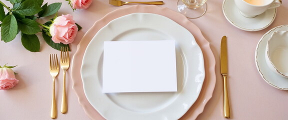 Elegant Table Setting with Blank Card for Event Invitations
A table set with roses, gold cutlery, and a blank card, perfect for wedding invitations, fine dining promotions, or event decor ideas.