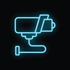 Bright blue neon cctv camera icon is glowing on a dark background, representing security and surveillance