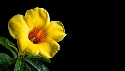 close up of Allamanda cathartica flower, black background, copy space