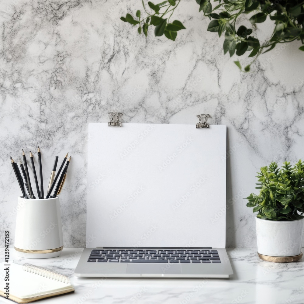 Poster stylish workspace setup with a laptop, stationery, and greenery on a marble background for creativit