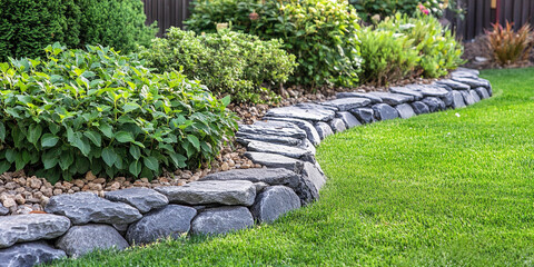 Beautiful garden landscape with stone edging and greenery