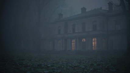 Mysterious abandoned mansion in dense fog at twilight. Victorian haunted house with glowing windows. Atmospheric gothic architecture in misty darkness. Spooky historic estate. HALLOWEEN scene - Powered by Adobe