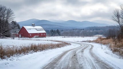 Red barn in snowy landscape, winding road leads to mountains under cloudy sky.