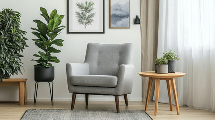  Grey Armchair Beside a Wooden Table in a Stylish Living Room with Plant and Poster
