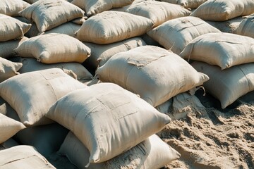Fototapeta premium Numerous sandbags for military defenses and flood protection detailed view