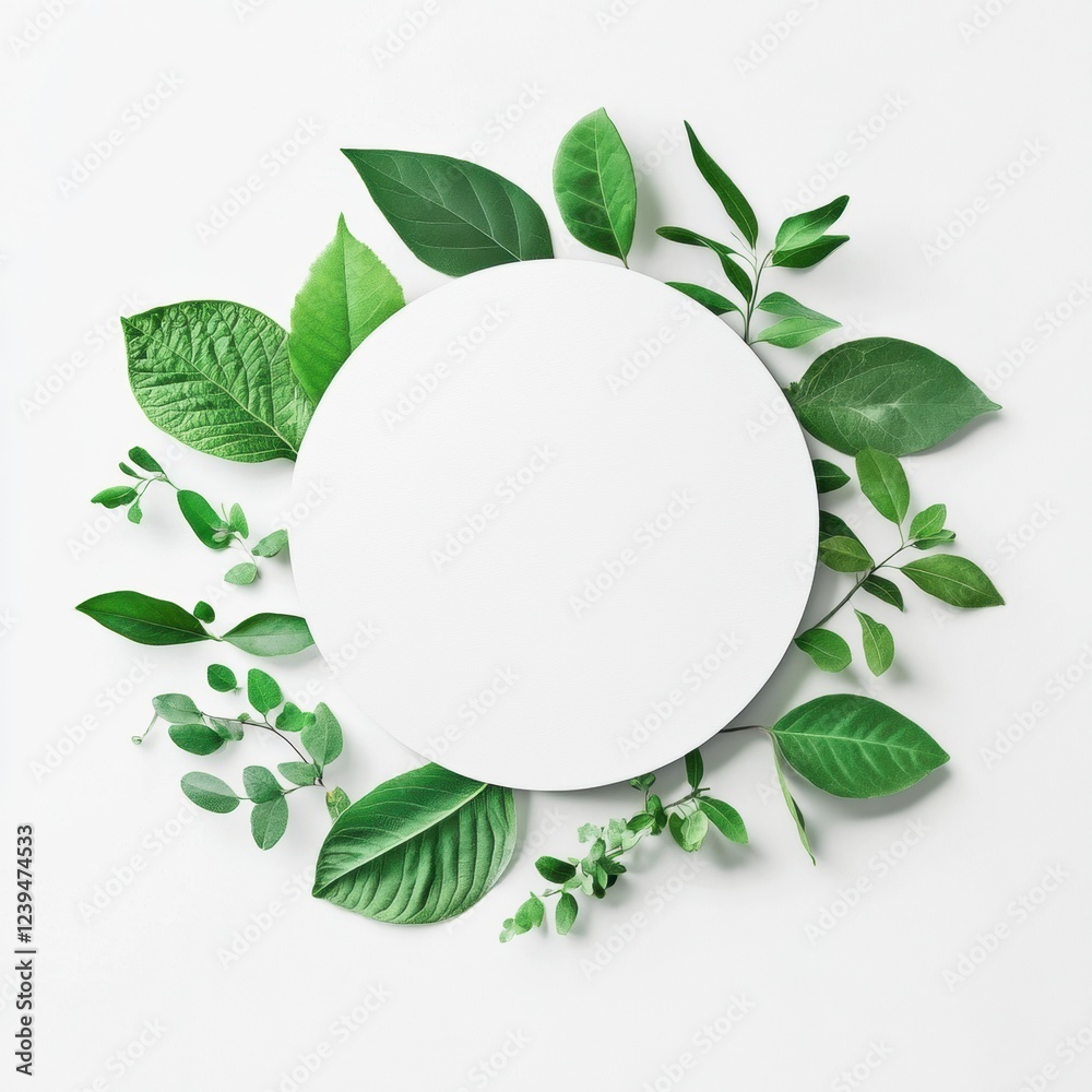 Poster green foliage surrounds a blank circular surface on a white background for creative design ideas and