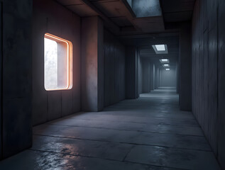Obraz premium Futuristic 3D rendering of an empty dark corridor with a glowing side window and concrete elements.